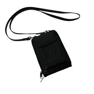 Vintage Eddie Bauer Black Leather Crossbody Wallet With Strap & Zipper Closure